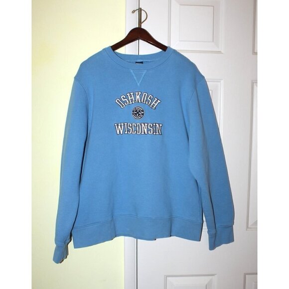 OSHKOSH Wisconsin Sky Blue Sweater Size L Long Sleeve embroidered Logo Pull On - Picture 2 of 11